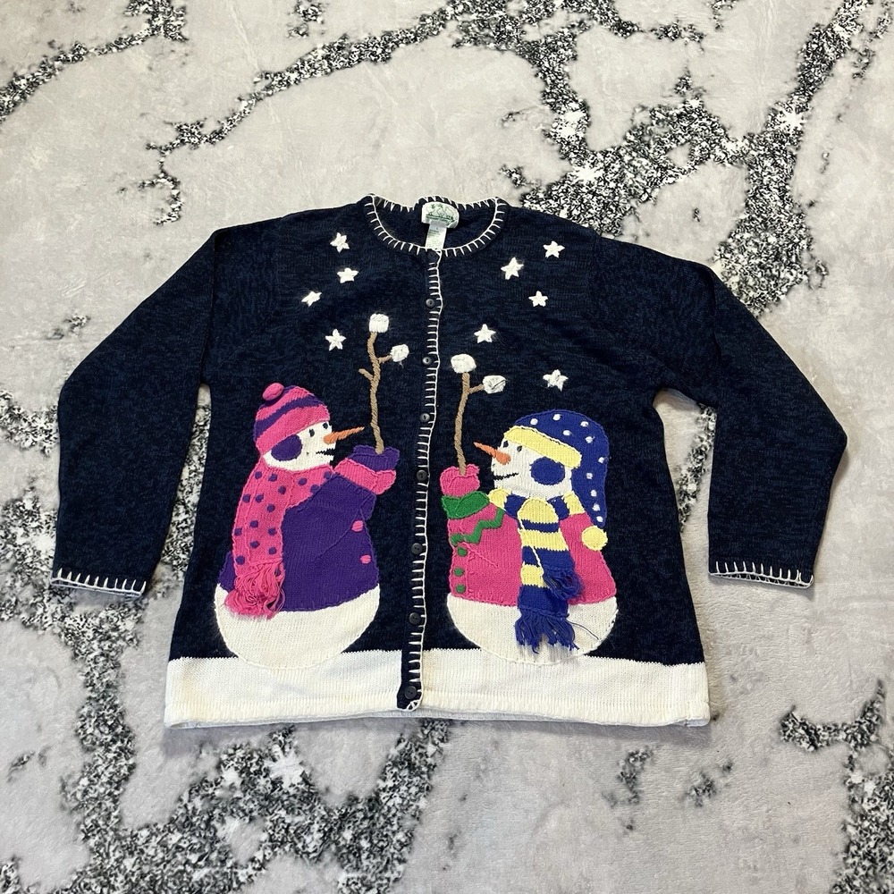 Quacker Factory Holiday Cardigan Sweater Womens Size L Snowman Snowwoman Multi